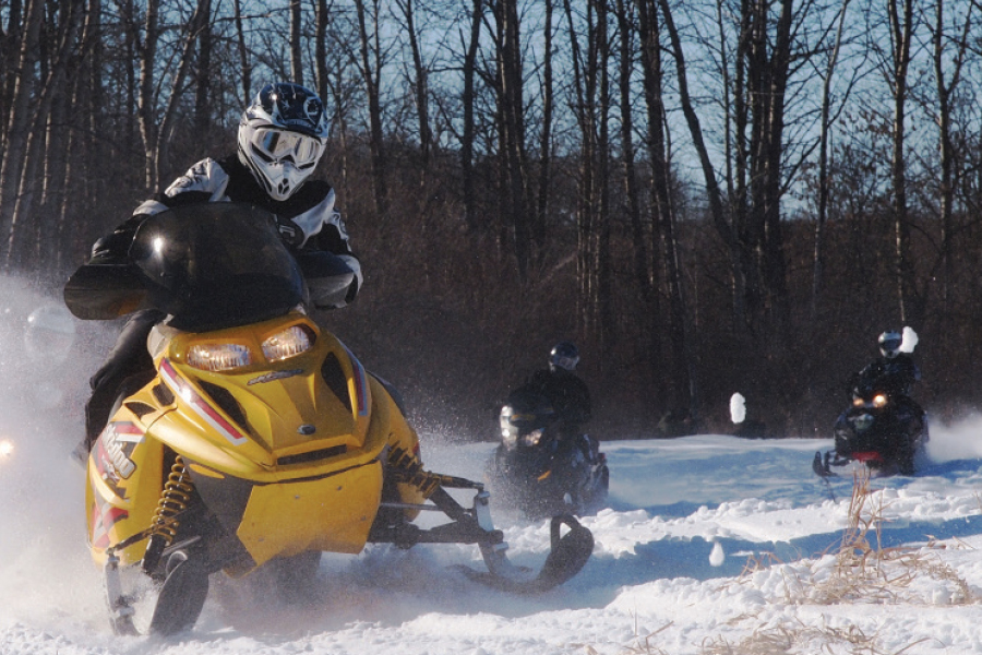 Three snowmobilers enjoying the winter weather.