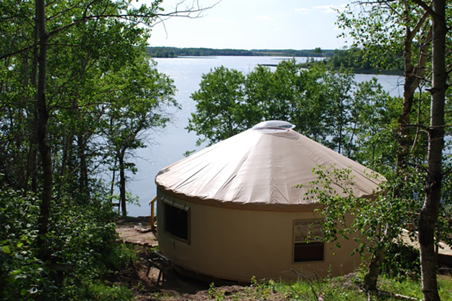 A yurt is nestled in the trees near a lake.